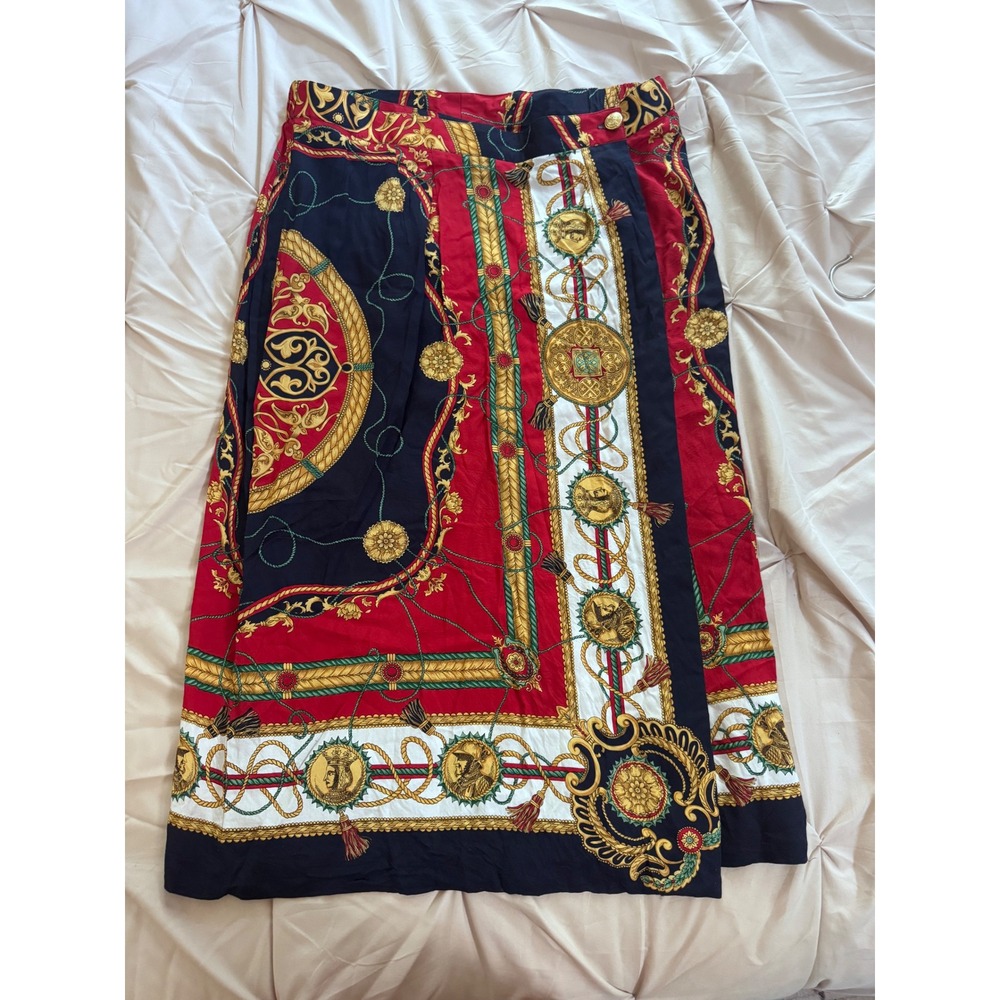 Vintage Susan Bristol Baroque Wrap Skirt Red Navy Gold Scarf Print Midi 16W USA